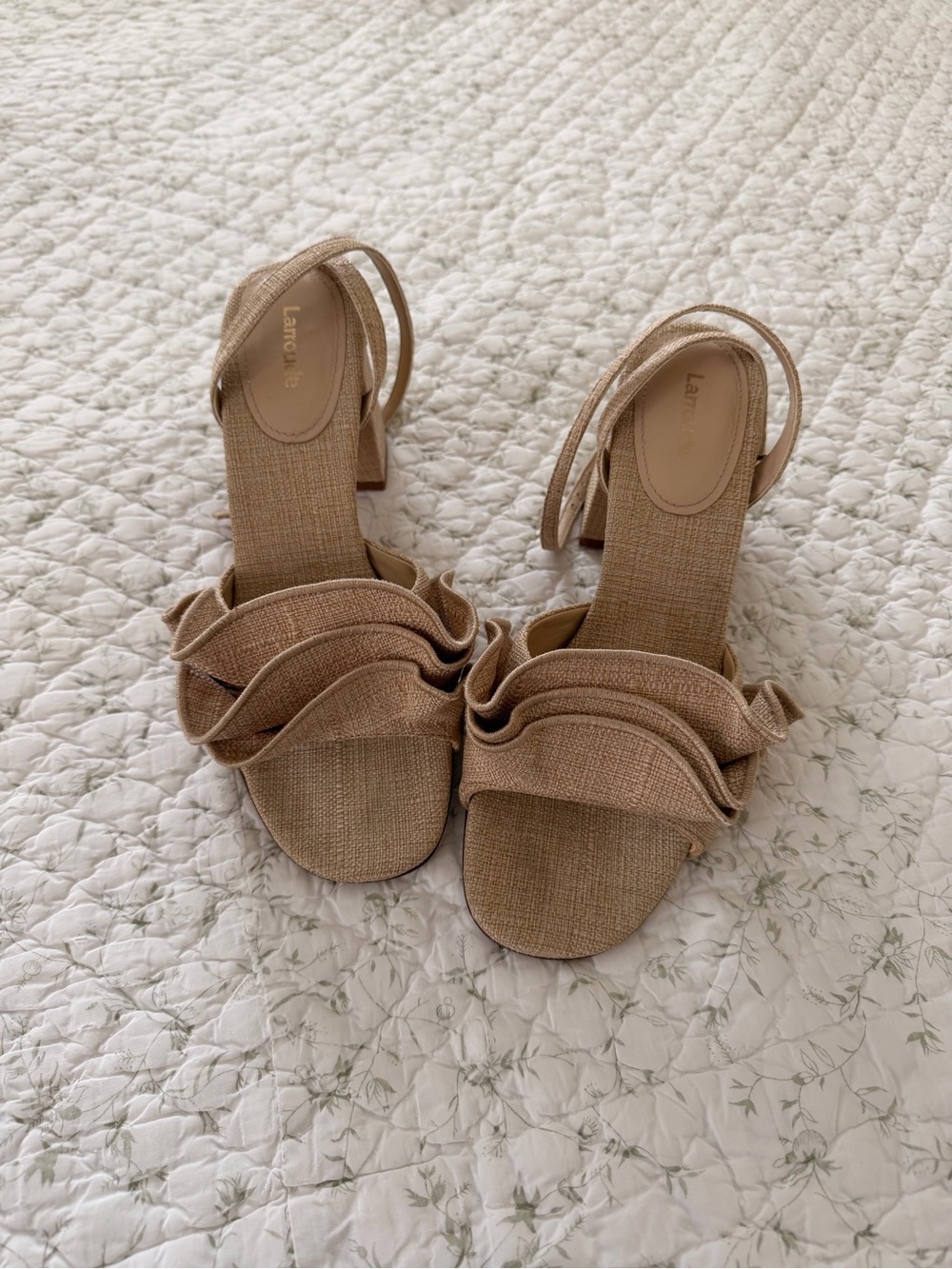 Larroude Beige Ruffle Strap Heeled Sandals
